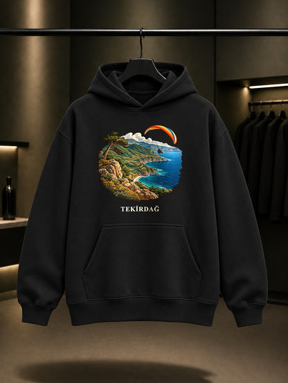 Tekirdağ Uçmakdere baskılı siyah kapüşonlu sweatshirt