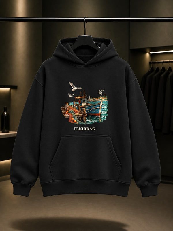 Tekirdağ Marmara Balıkçısı baskılı siyah kapüşonlu sweatshirt