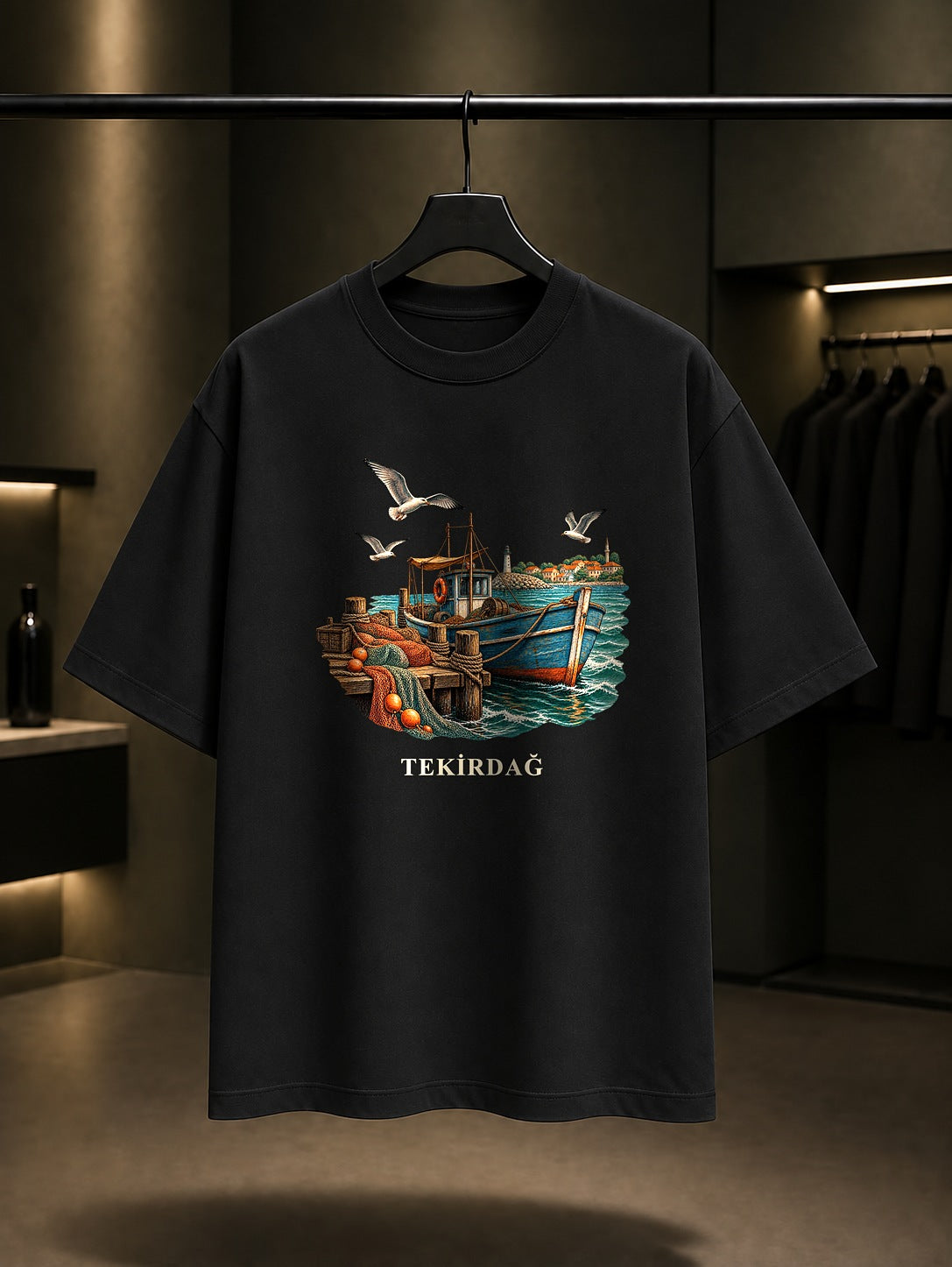 Tekirdağ Marmara Balıkçısı baskılı siyah t-shirt
