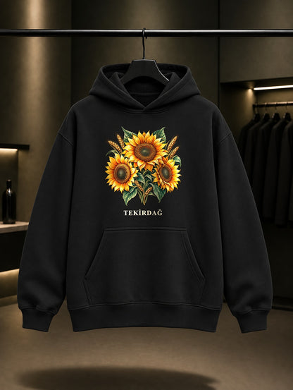Tekirdağ Ayçiçeği baskılı siyah kapüşonlu sweatshirt