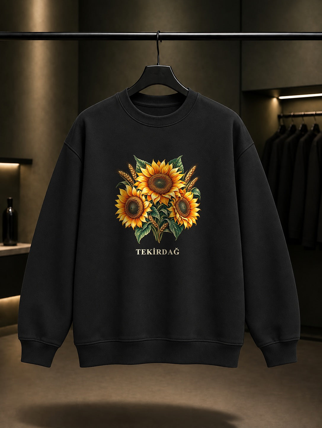 Tekirdağ Ayçiçeği baskılı siyah sweatshirt
