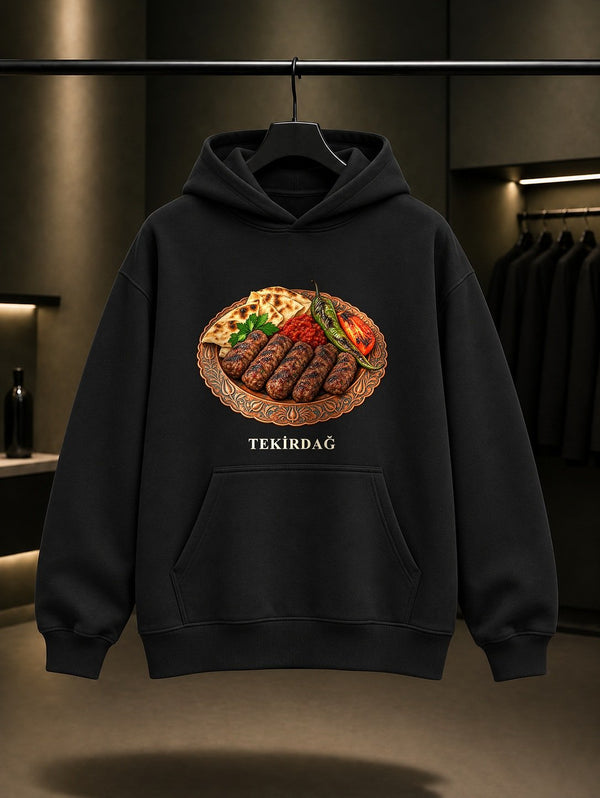 Tekirdağ Köftesi baskılı siyah kapüşonlu sweatshirt