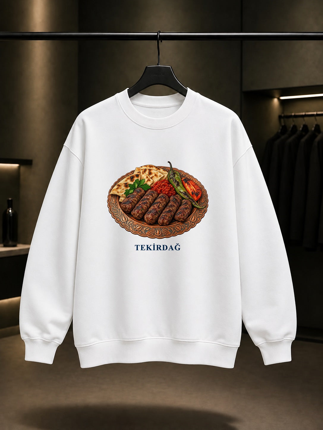 Tekirdağ Köftesi baskılı beyaz sweatshirt
