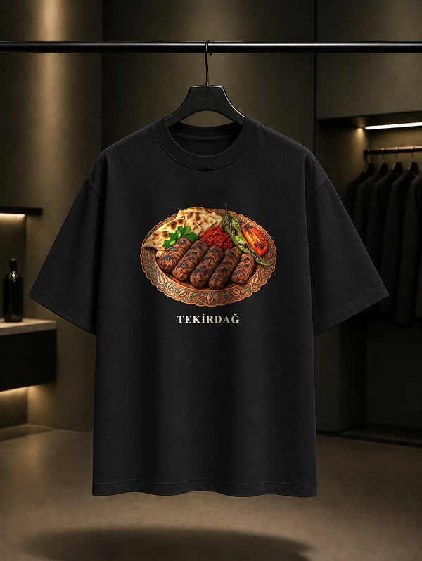 Tekirdağ Köftesi baskılı siyah t-shirt