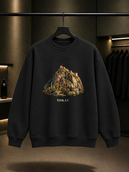 Tokat Kalesi baskılı siyah sweatshirt