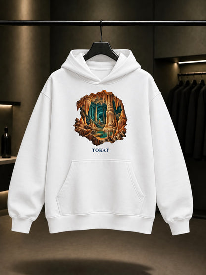 Tokat Ballıca Mağarası baskılı beyaz kapüşonlu sweatshirt
