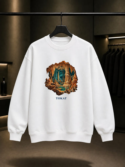 Tokat Ballıca Mağarası baskılı beyaz sweatshirt
