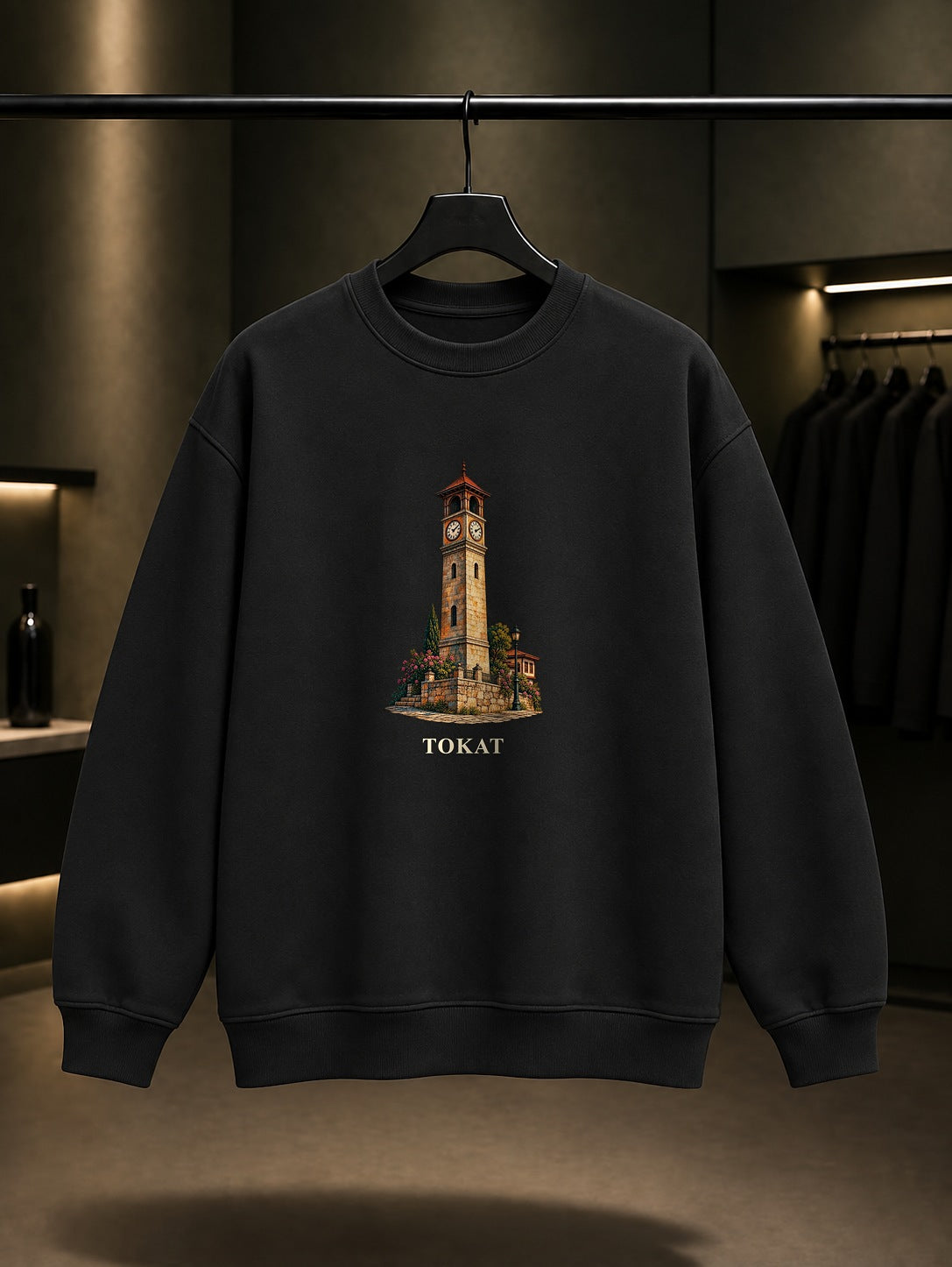 Tokat Saat Kulesi baskılı siyah sweatshirt