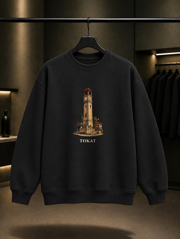 Tokat Saat Kulesi baskılı siyah sweatshirt