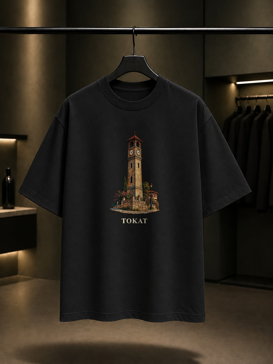 Tokat Saat Kulesi baskılı siyah t-shirt