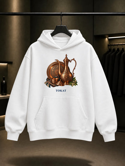Tokat Bakır İbrik baskılı beyaz kapüşonlu sweatshirt