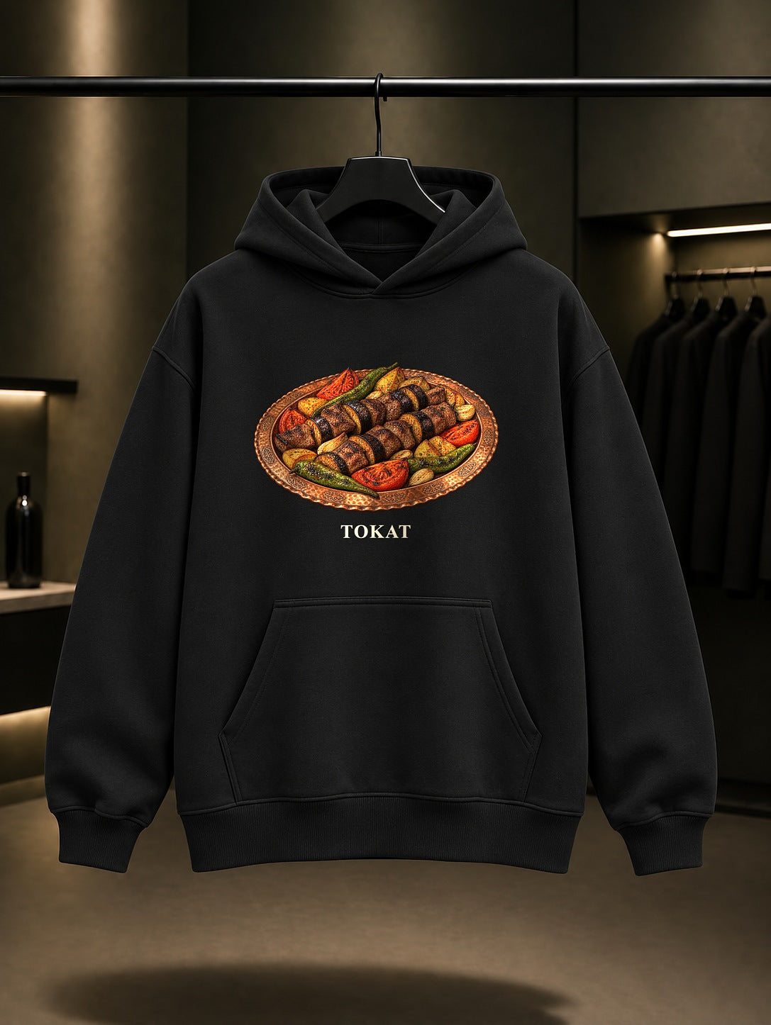 Tokat Kebabı baskılı siyah kapüşonlu sweatshirt