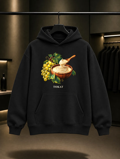 Tokat Zile Pekmezi baskılı siyah kapüşonlu sweatshirt