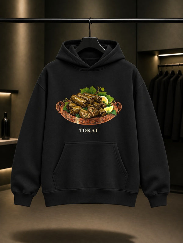 Tokat Yaprak Sarması baskılı siyah kapüşonlu sweatshirt