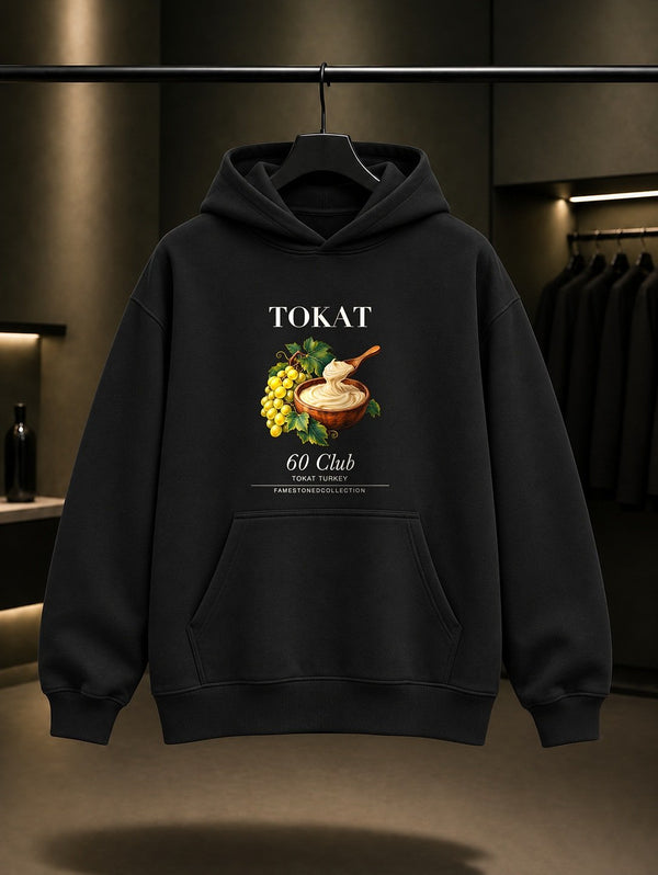 Tokat Zile Pekmezi 60 Club baskılı siyah kapüşonlu sweatshirt