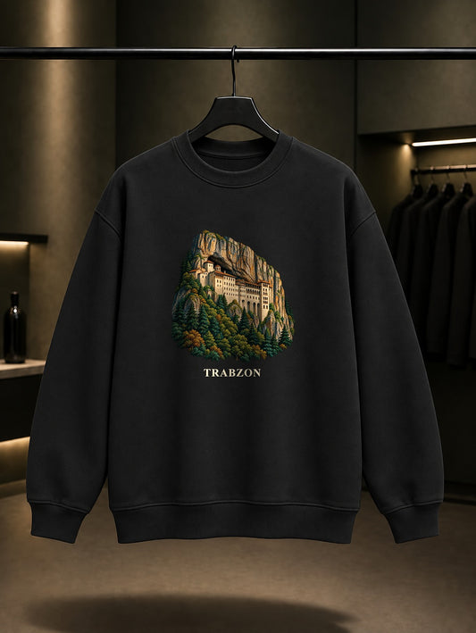Trabzon Sümela baskılı siyah sweatshirt