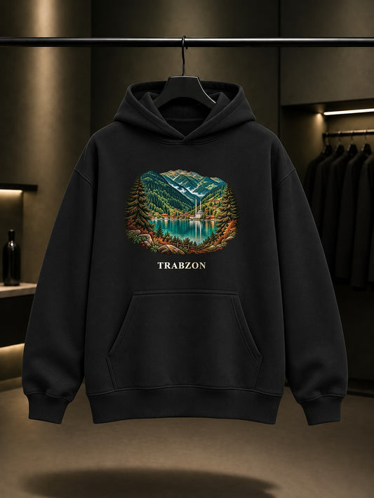 Trabzon Uzungöl baskılı siyah kapüşonlu sweatshirt