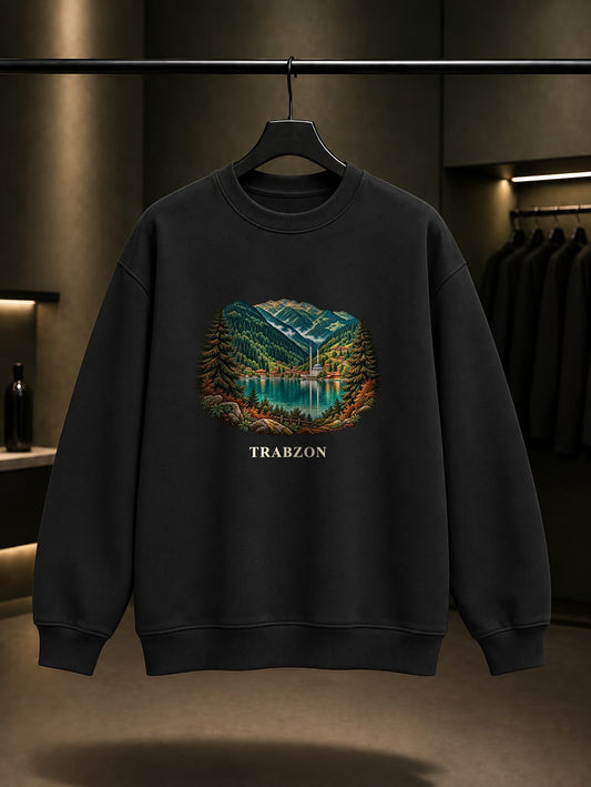 Trabzon Uzungöl baskılı siyah sweatshirt
