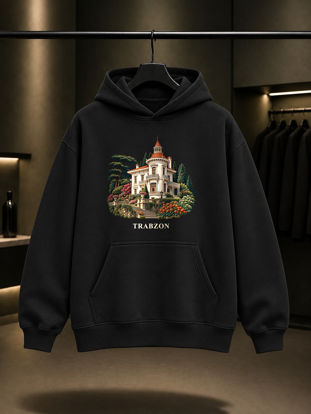Trabzon Atatürk Köşkü baskılı siyah kapüşonlu sweatshirt