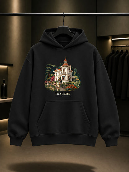 Trabzon Atatürk Köşkü baskılı siyah kapüşonlu sweatshirt