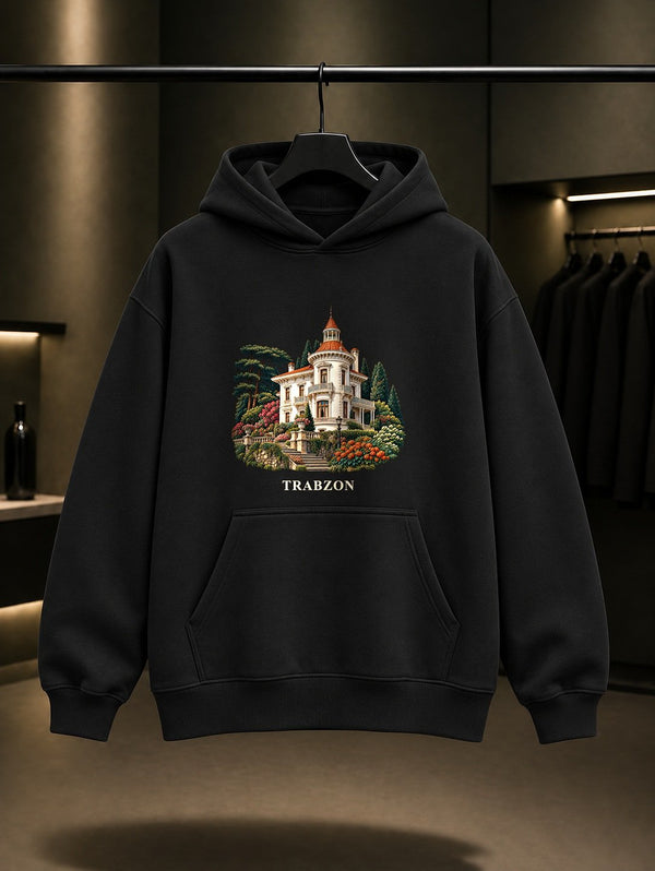 Trabzon Atatürk Köşkü baskılı siyah kapüşonlu sweatshirt