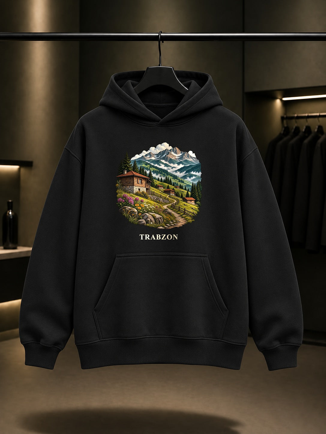 Trabzon Yayla baskılı siyah kapüşonlu sweatshirt