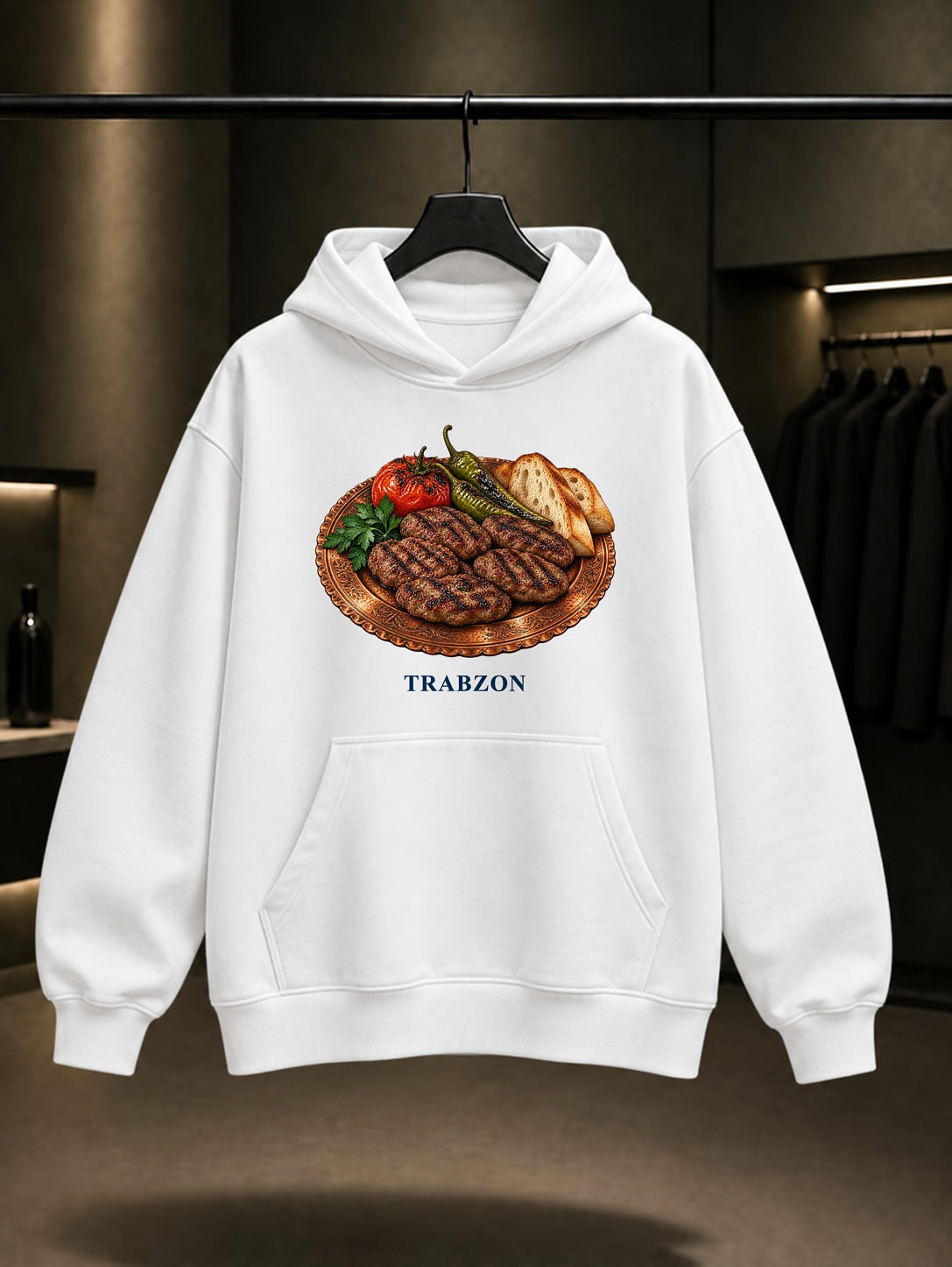 Trabzon Akçaabat Köftesi baskılı beyaz kapüşonlu sweatshirt