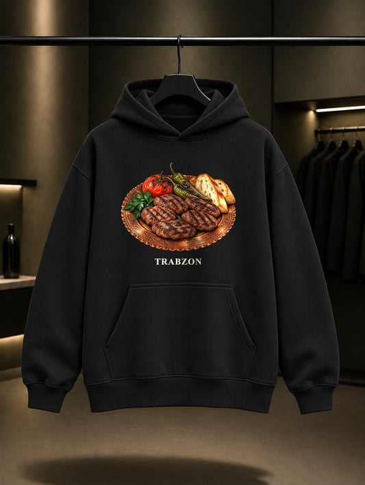 Trabzon Akçaabat Köftesi baskılı siyah kapüşonlu sweatshirt