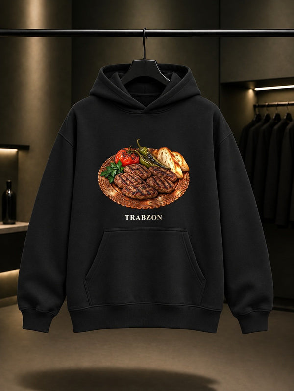 Trabzon Akçaabat Köftesi baskılı siyah kapüşonlu sweatshirt