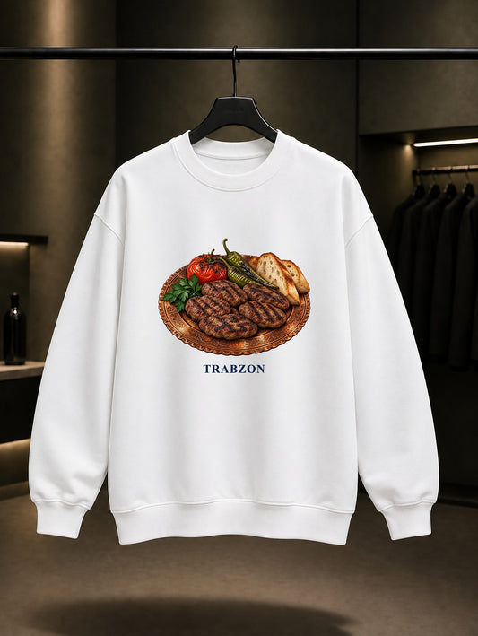 Trabzon Akçaabat Köftesi baskılı beyaz sweatshirt