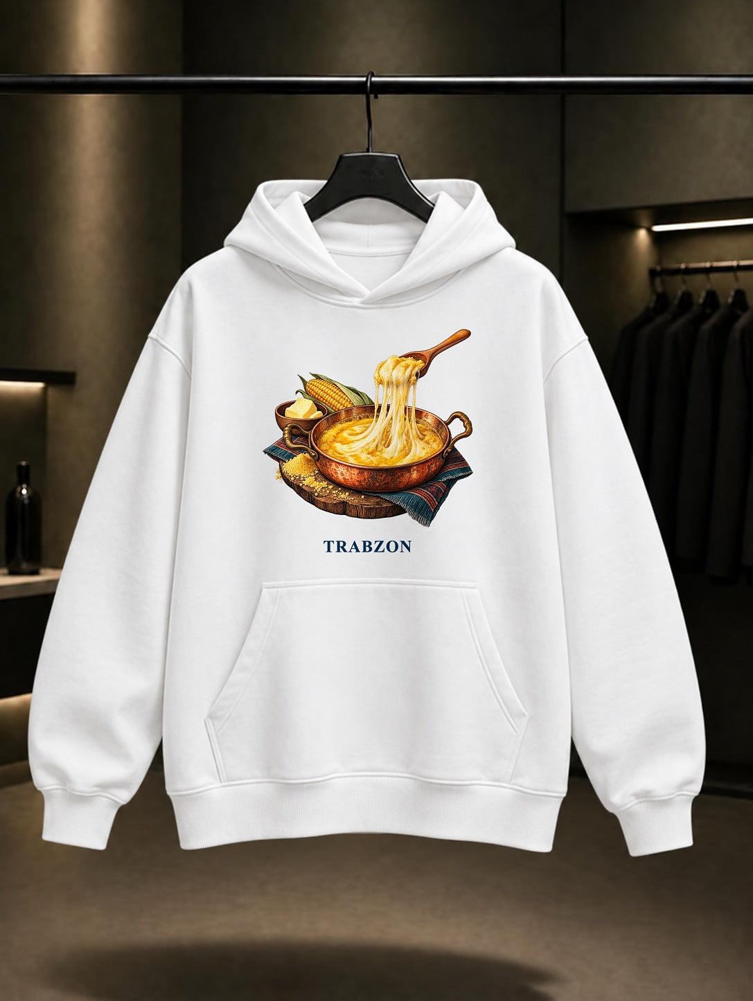 Trabzon Kuymak baskılı beyaz kapüşonlu sweatshirt