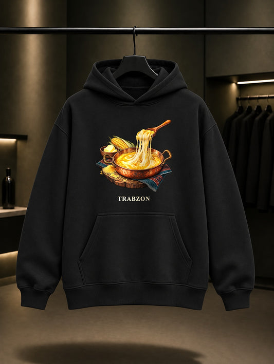 Trabzon Kuymak baskılı siyah kapüşonlu sweatshirt
