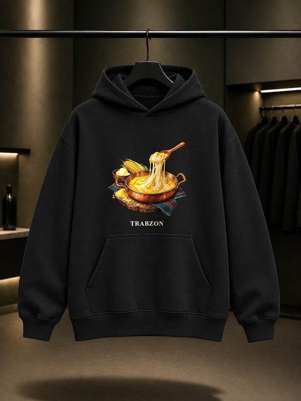 Trabzon Kuymak baskılı siyah kapüşonlu sweatshirt