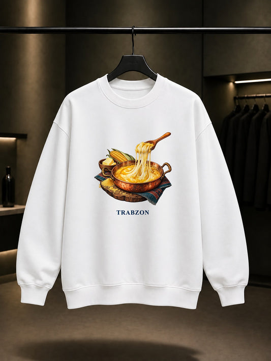Trabzon Kuymak baskılı beyaz sweatshirt