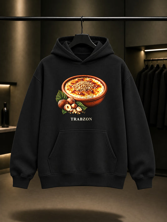Trabzon Hamsiköy Sütlacı baskılı siyah kapüşonlu sweatshirt