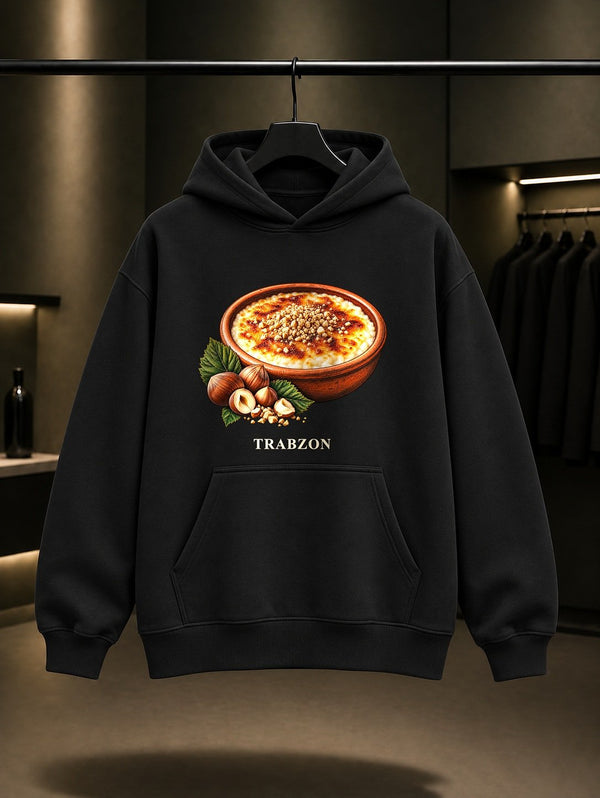 Trabzon Hamsiköy Sütlacı baskılı siyah kapüşonlu sweatshirt