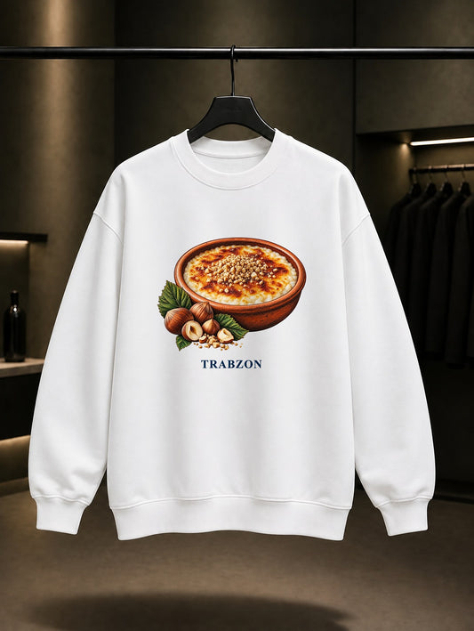 Trabzon Hamsiköy Sütlacı baskılı beyaz sweatshirt
