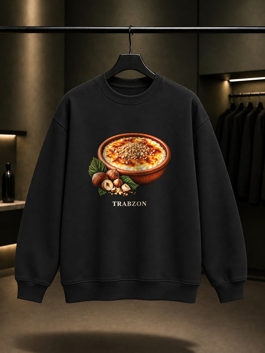 Trabzon Hamsiköy Sütlacı baskılı siyah sweatshirt
