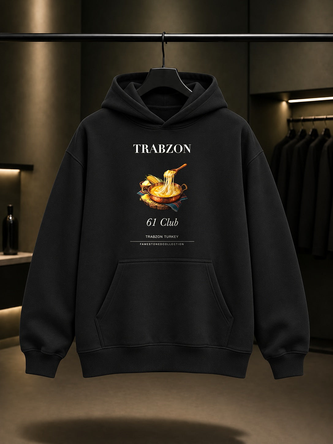 Trabzon Kuymak 61 Club baskılı siyah kapüşonlu sweatshirt