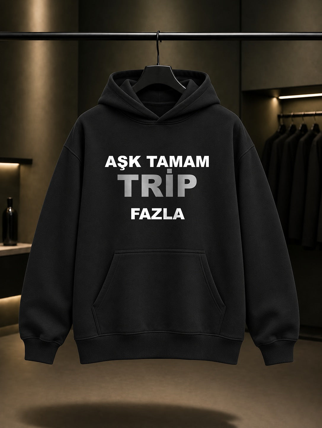Aşk Tamam Trip Fazla Baskılı Unisex %100 Pamuk Kapüşonlu Sweatshirt — Siyah