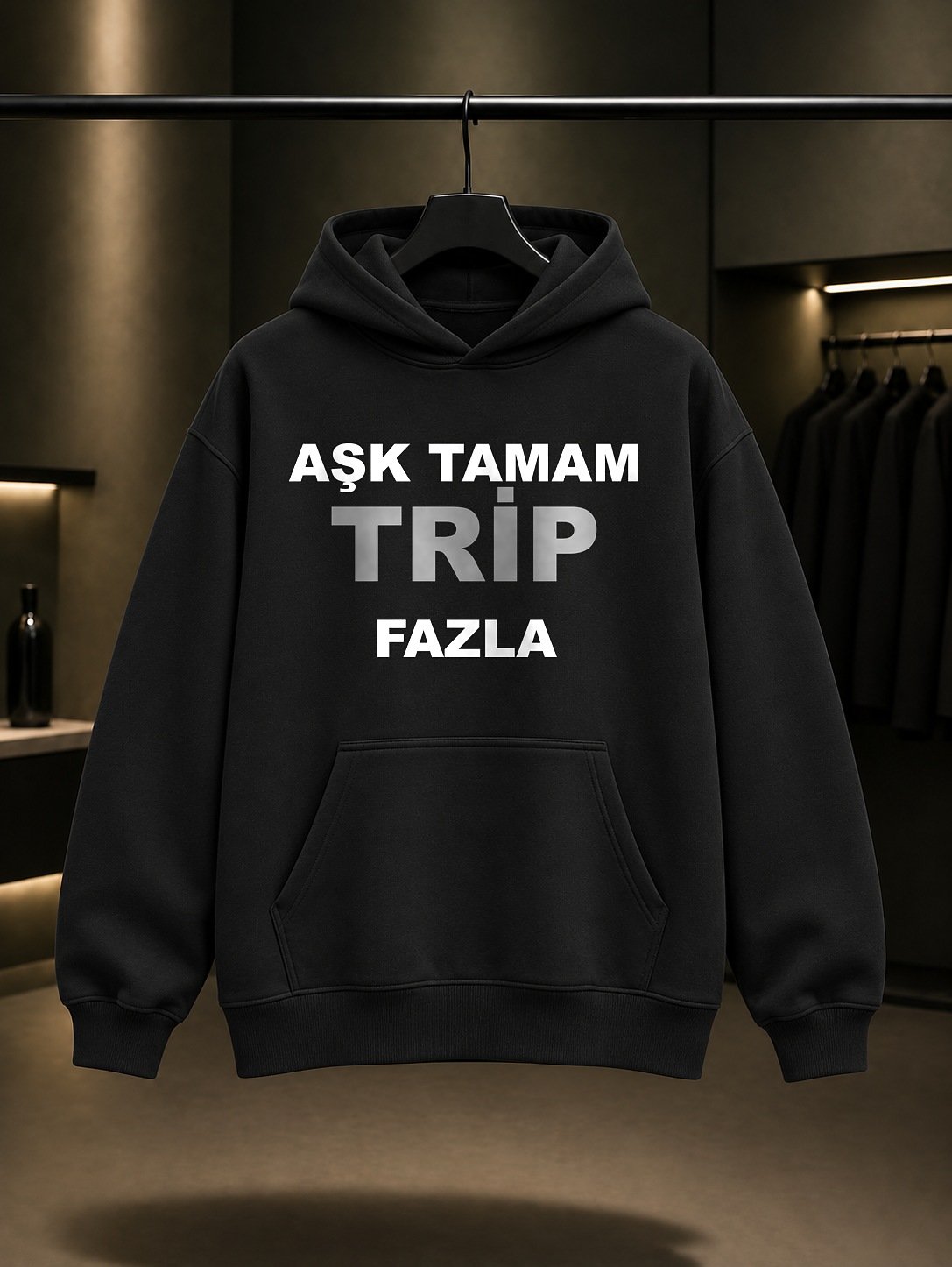 Aşk Tamam Trip Fazla Baskılı Unisex %100 Pamuk Kapüşonlu Sweatshirt — Siyah