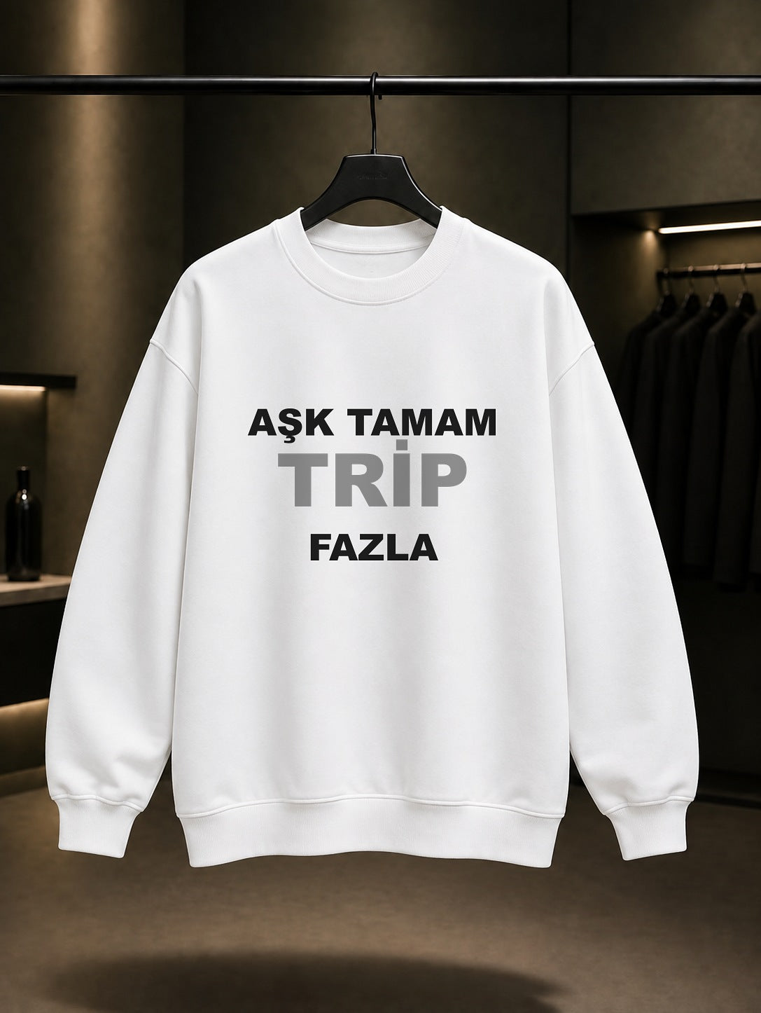 Aşk Tamam Trip Fazla Baskılı Unisex %100 Pamuk Sweatshirt — Beyaz