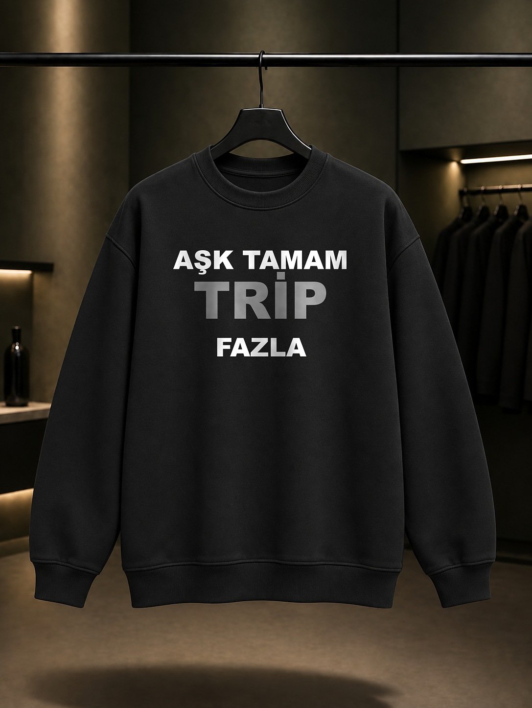 Aşk Tamam Trip Fazla Baskılı Unisex %100 Pamuk Sweatshirt — Siyah