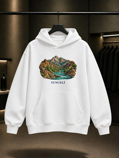 Tunceli Munzur Vadisi baskılı beyaz kapüşonlu sweatshirt
