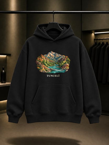 Tunceli Munzur Vadisi baskılı siyah kapüşonlu sweatshirt
