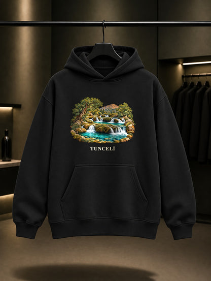 Tunceli Munzur Gözeleri baskılı siyah kapüşonlu sweatshirt