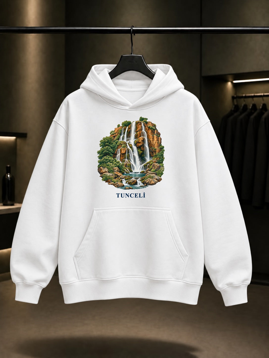Tunceli Dereova Şelalesi baskılı beyaz kapüşonlu sweatshirt
