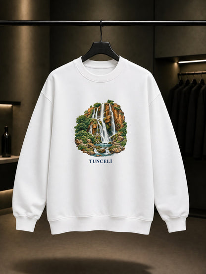 Tunceli Dereova Şelalesi baskılı beyaz sweatshirt