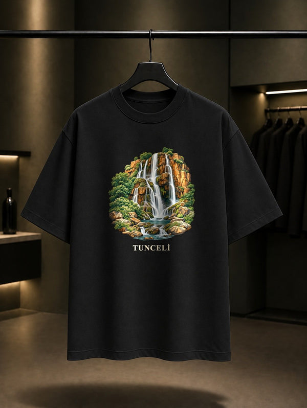 Tunceli Dereova Şelalesi baskılı siyah t-shirt
