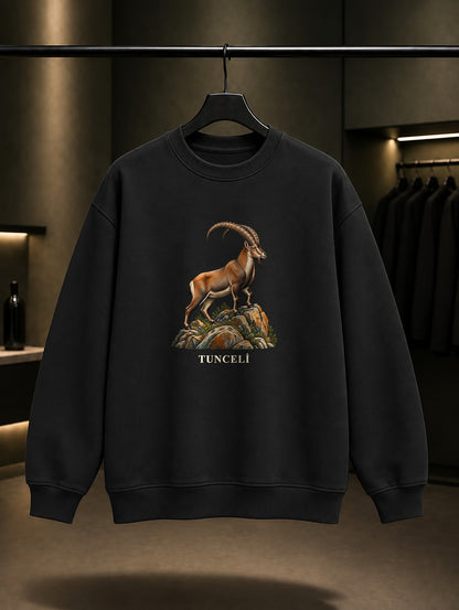 Tunceli Dağ Keçisi baskılı siyah sweatshirt